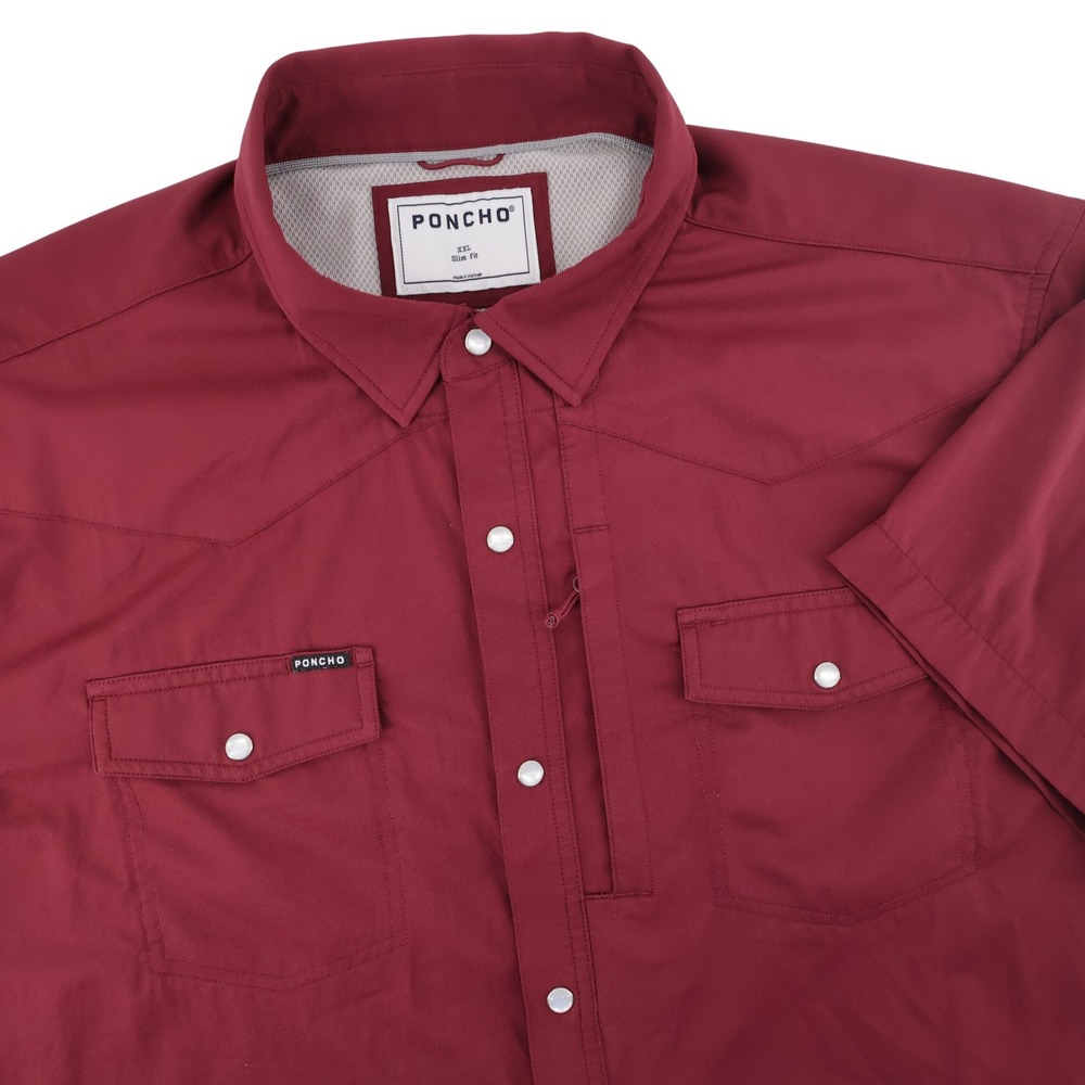 Poncho Slim Fit Western Snap Pearl Shirt Burgundy Short Sleeve Mens XXL